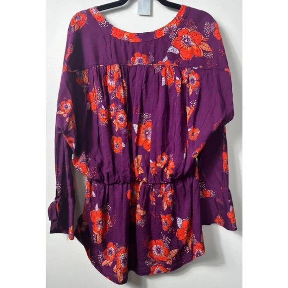 Free People SZ M Tuscan Dreams Tunic Floral Printed Blouse Plum Purple Boho C11 - Picture 6 of 8